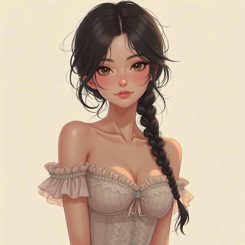 An anime sexy woman in a anime style, in the victorian age ivory dress, messy brided dark hair, and calm expression on her face