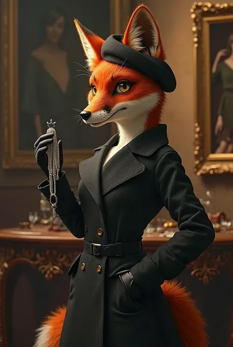 French Fox — The Sophisticated Jewelry Thief
"An elegant anthropomorphic fox, wearing a chic overcoat, a French beret and thin gloves. She holds a shiny necklace in one hand,  with a confident smile , as if she had just carried out a perfect robbery. Her e...