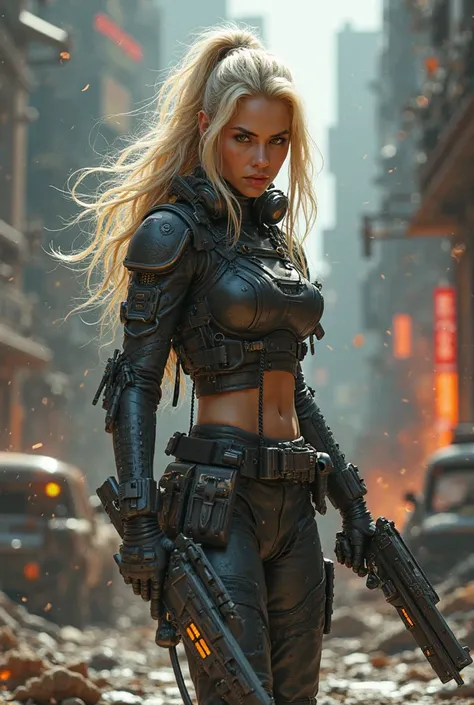 Cyber punk woman with blond hair,  with two weapons in his hands , burning cars, Destroyed building, Chaos pieces of robots on the floor