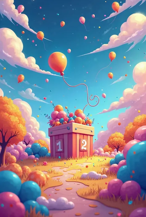 cartoon illustration of a colorful dream world with box color with numbers and balloons, game illustration, stylized game art, game background, mobile game art, background artwork, game art, colorful illustration, concept illustration, mobile game backgrou...