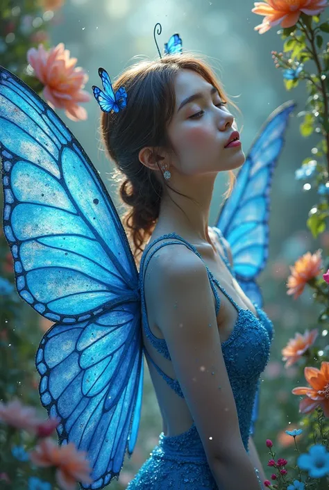 BROWN-HAIRED WOMAN DRESSED AS A BLUE BUTTERFLY