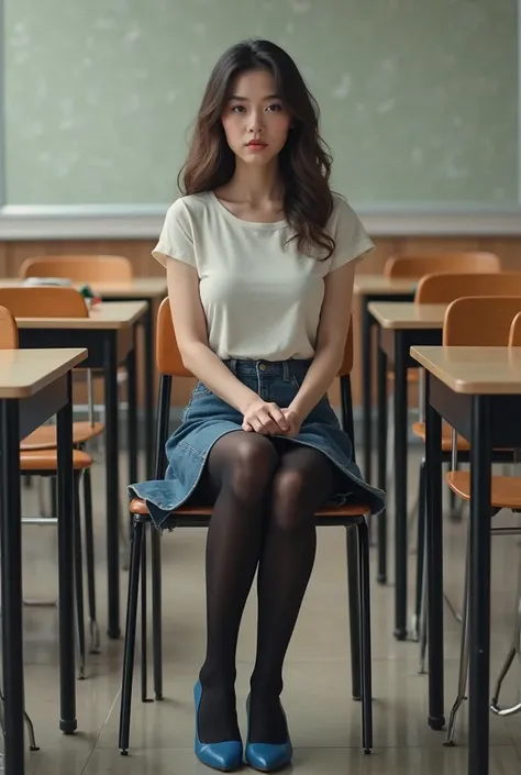 a lady in denim skirt, black pantyhose and flat blue shoes, sitting at a desk in a classroom, view up her skirt
