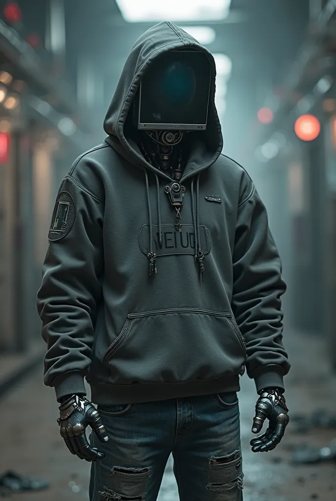 
a metal cyborg, with a hooded sweatshirt, jeans, with a computer monitor head, in a dark and realistic scenario, blurred background, high resolution and high quality image in 8k.