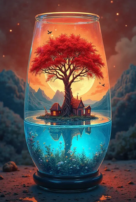 In a mesmerizing digital art fusion of watercolor and oil painting, a mystical red tree with stylized houses and vibrant life flourishes within an electric blue planetary atmosphere, surrounded by a glowing cyan lake. The intricate brushstrokes and ink was...