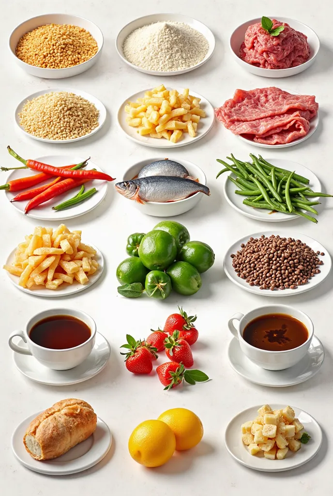 An image of each
- Cereals and derivatives
- Meats and preparations
- Fish and seafood
- Edible fats and oils
- Milk, dairy products and eggs
- Fresh vegetables
- Tubers and derivatives
- Legumes and derivatives
- Fresh fruit
- Sugar, salt and seasonings
-...