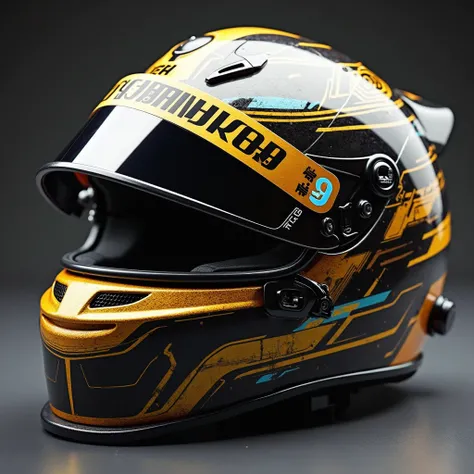 Generate another Formula 1 helmet with the colors black and gold, yellow and blue written on the visor the name TANGANHOKI99