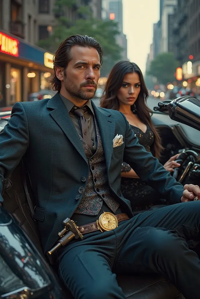 A wizard in a suit with gold watch and gun driving a sports car with hot woman in passenger seat