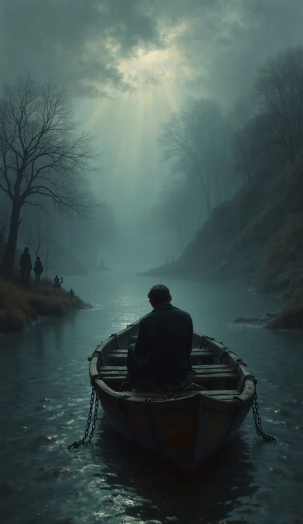 A person sitting on an old and worn boat, navigating a dark and sinuous river, surrounded by a thick, gloomy fog. The person has their hands tied lightly to the sides of the boat, symbolizing the illusion of control, as the boat is pulled by invisible chai...