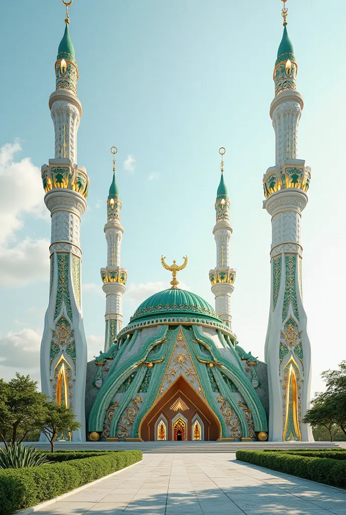 Al -imran mosque a design inspired by muslim turban and with 4 minarat color decorated by green and white golden a hight looks like 4story  