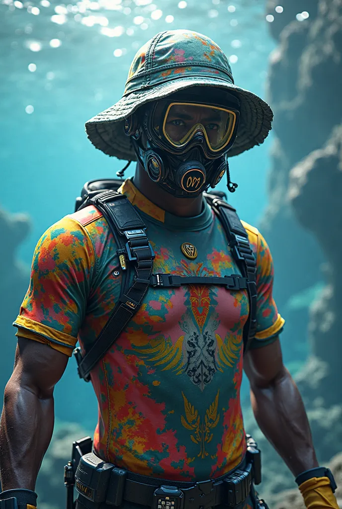 A male character from Free Fire wearing the Sabaquatico jersey wears the best survivor 
Toperson slipper underwater mask topperson hat