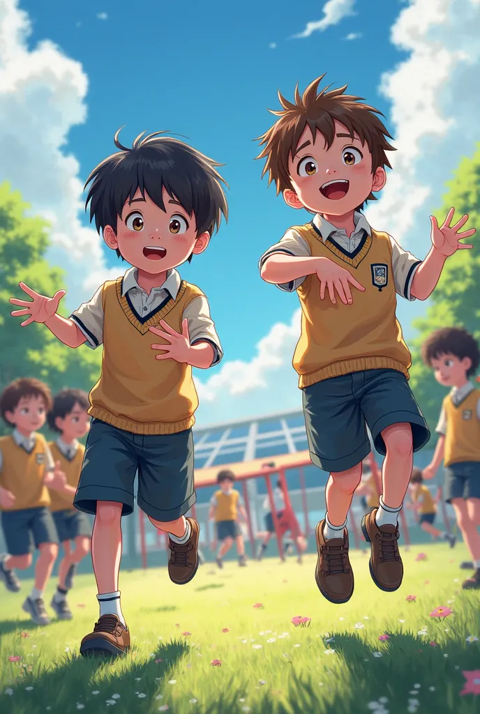 black-haired and brown-haired boy playing with his classmates with his school uniform on