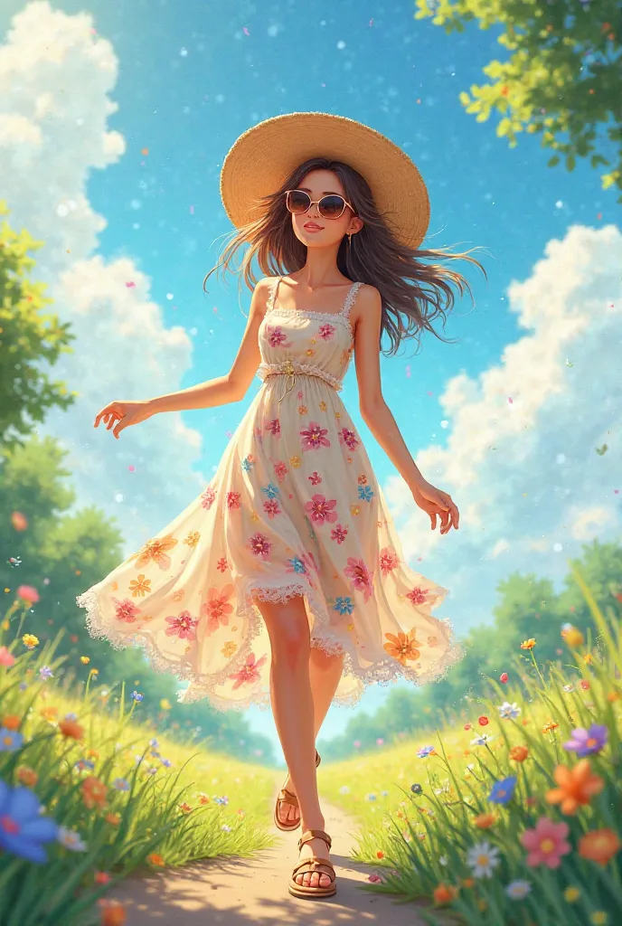 Create the image of a girl in a summer atmosphere,  dressed in a floral dress,  sandals,  a hat and sunglasses.