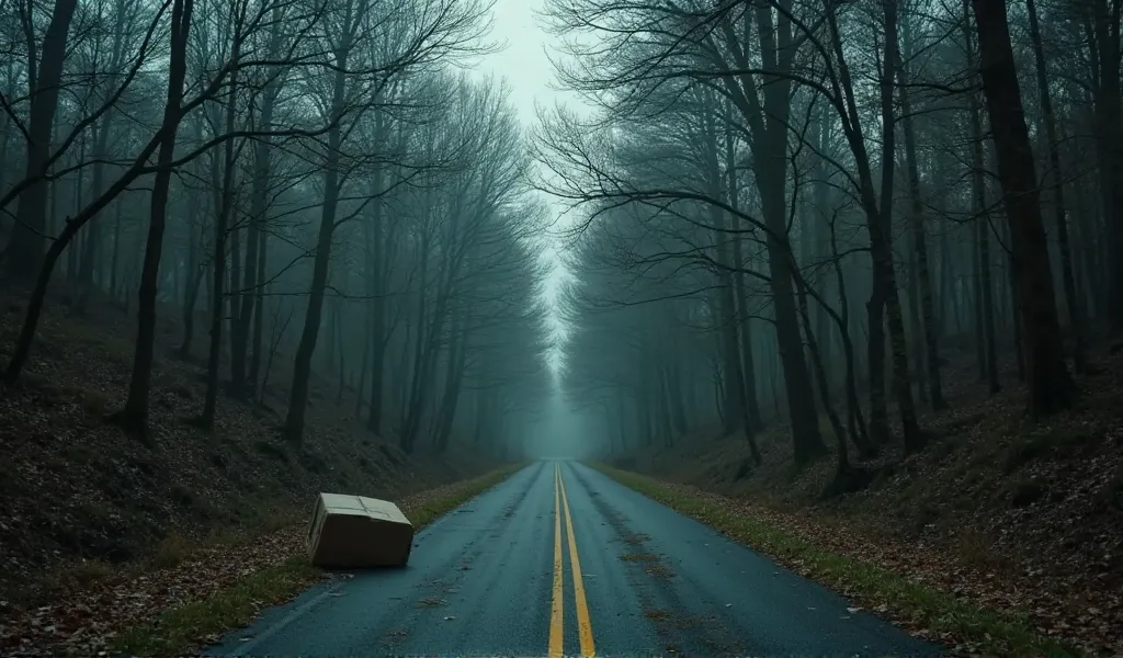 "A wide shot of a dense forest near Philadelphia, with a cardboard box lying on the side of the road. The atmosphere is eerie and quiet."

