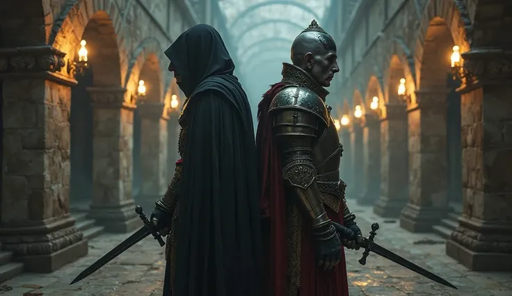 Hooded nosferatu fights back to back with a Turkish knight against traitors within the people 