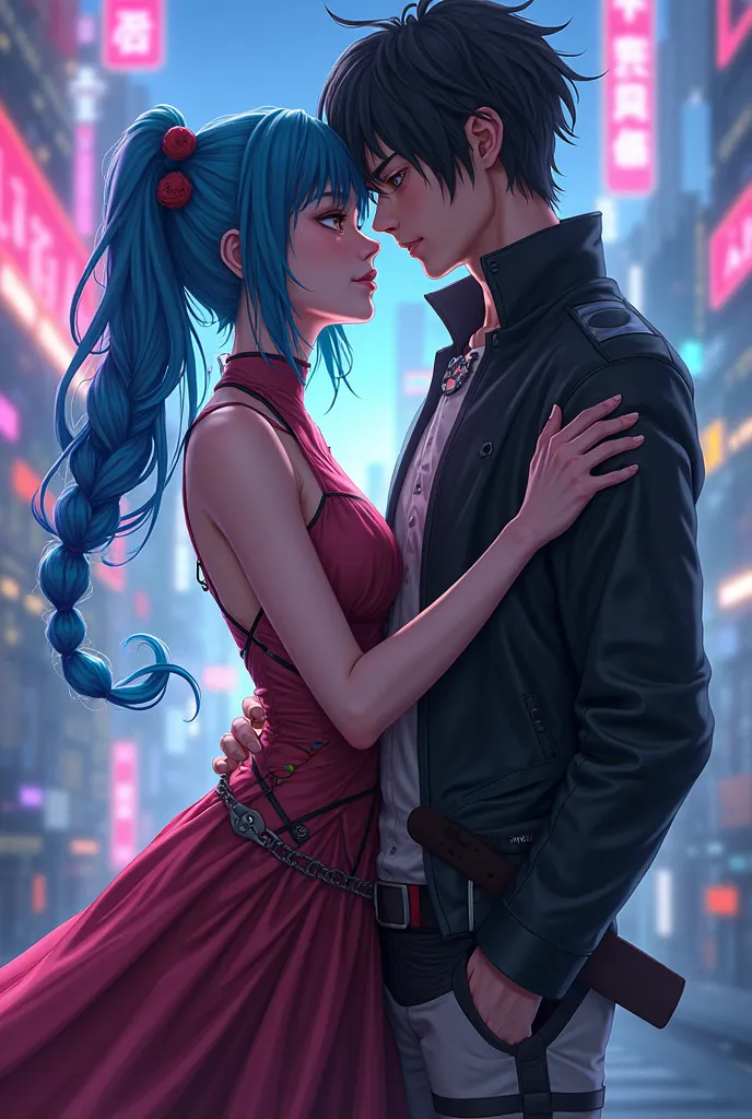 Jinx from arcane with braids and Eren from attack on titan being boyfriends in arcane style but jinx its with a sexy dress but cartoon