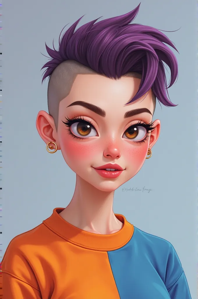 Une image de dessin animé une femme, peau claire, with short hair on one side and very short on the other, Chestnut with purple wick, with brown eyes, avec un sweat orange et bleu