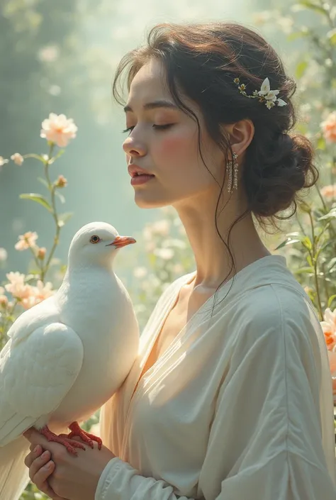 Peaceful woman with white dove