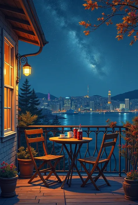 Make an image of a balcony, with a coffee and a Coca-Cola,  On a Starry Night . The table has two chairs and the environment is comfortable., In autumn , In lofi art style. It seems that two people who love each other have just left there.