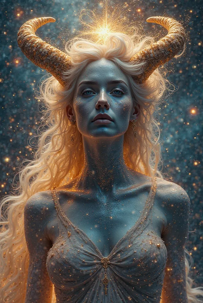 The Great Goddess of the Universe has a sublime and heavenly form, her skin reflects the cosmos itself, with stars and constellations dancing on its surface. His hair, a cascade of moving nebulae, shines with galactic tones. His horns, vast and ethereal, s...