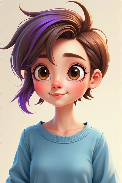 Une image de dessin animé une femme, peau claire, with short hair on one side and very short on the other, Chestnut with purple wick, with brown eyes, With a blue sweatshirt