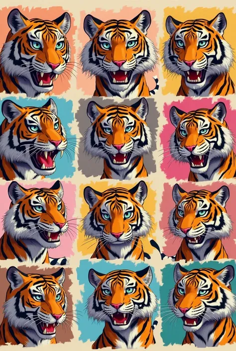 18 faces of a tiger with 18 different expressions; Cartoon style a bit of a comic with different front angles, sideways, 3/4