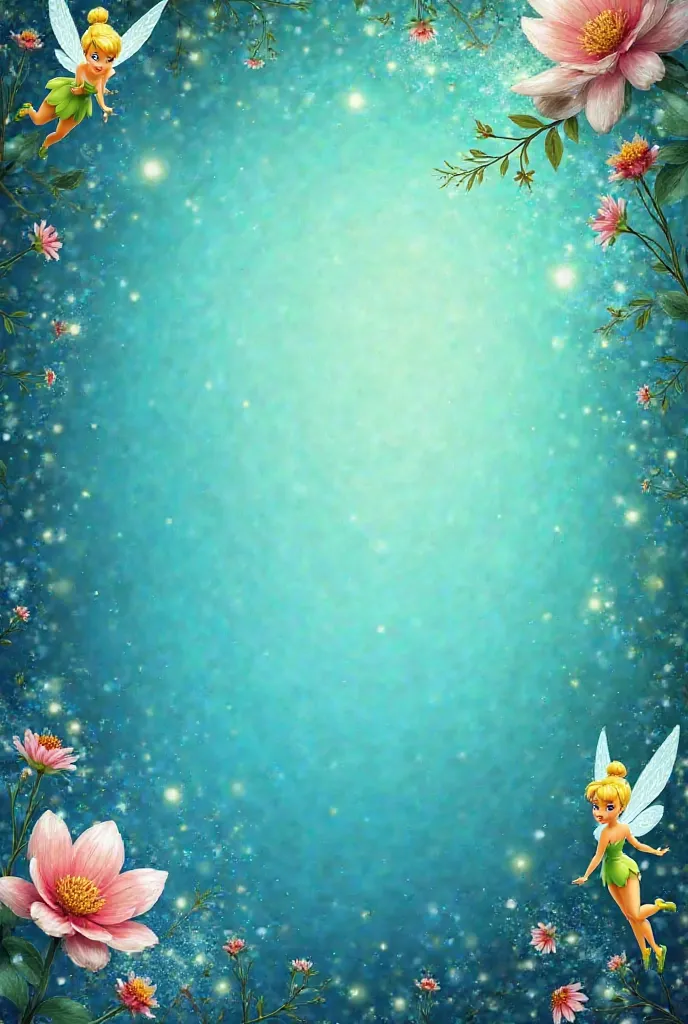 Create a promotional flyer inspired by Disney fairies, Tinkerbell and Rosetta. The design must be enchanting and magical, design using a turquoise color as predominant. The flyer must include details and visual elements that represent the world of fairies,...