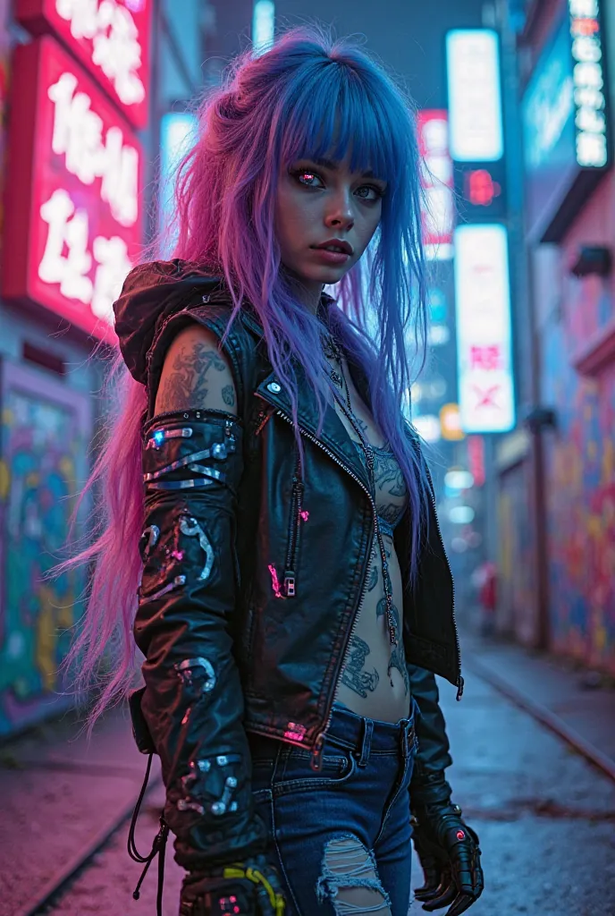 A medium shot captures an 18-year-old French cyberpunk rockstar girl, her long, colorful hair in shades of blue and pink, and a cybernetic arm emitting blue energy. She dons a torn leather jacket, ripped jeans, and heavy boots, all embellished with neon de...