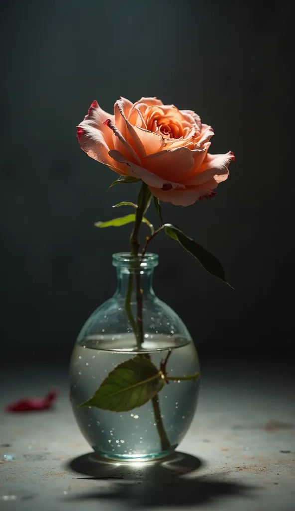 a wilted rose in a vase of water,sad atmosphere,highly detailed,masterpiece,realistic,cinematic lighting,moody,dramatic,somber,dark colors,muted tones,realistic textures,still life,photorealistic,intricate,ultra-detailed,sharp focus,professional lighting,s...