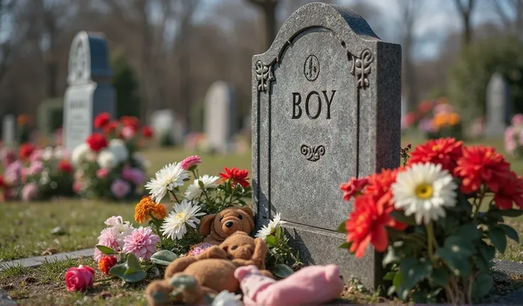 "A close-up of the tombstone, with flowers and toys left by visitors who still mourn the boy."

