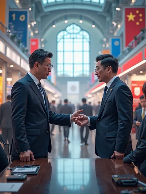 Detailed depiction of a scene of a Korean and Chinese having a business meeting in a bright exhibition hall