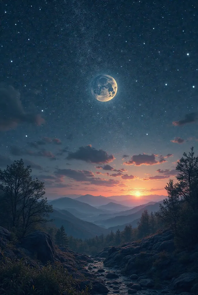 Night sky with the stars and the moon and the sunrise in the background