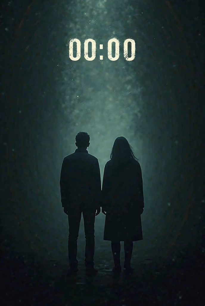 Create a poster a film about two characters with dimly lit backs and with the title above which is 00:00