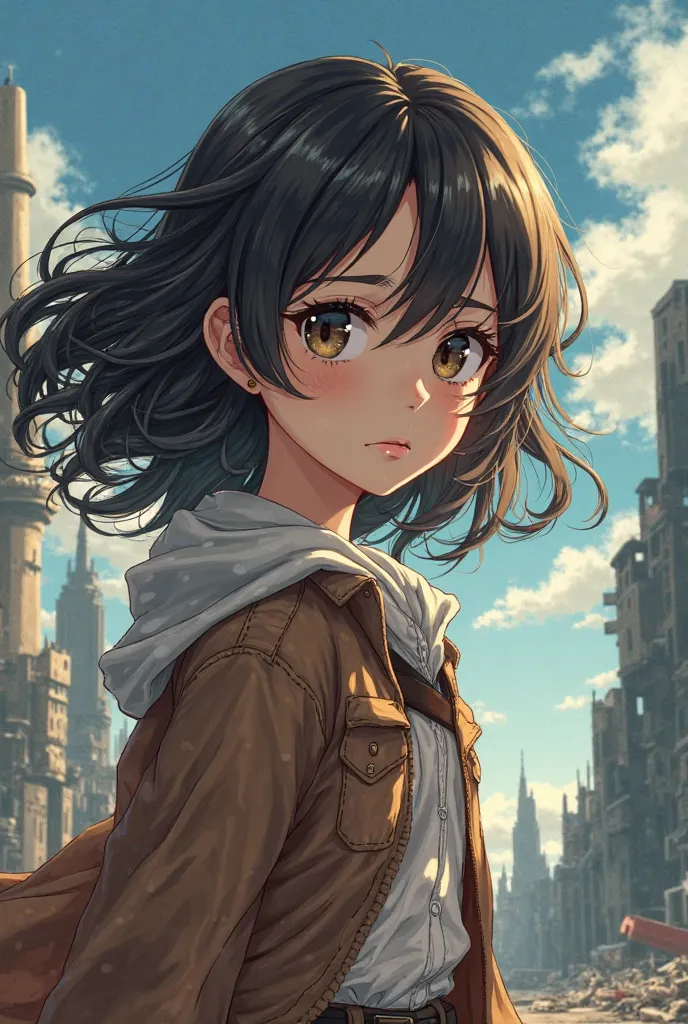 A girl in the anime style Shingeki no Kyojin,  with curly hair 