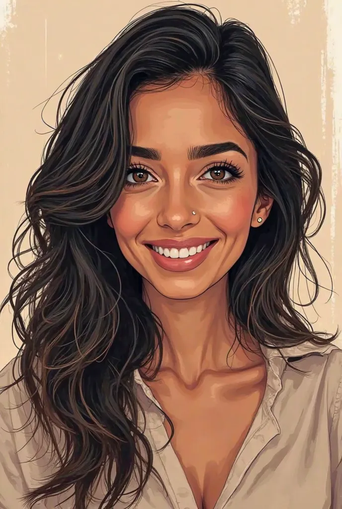 I want to create a cover with a drawing of my mom. Here I describe it for you to illustrate it My mom has light brown skin, you have long wavy black hair, you have dark brown eyes you are pretty.  I want you to say Happy Women's Day that woman who has foug...