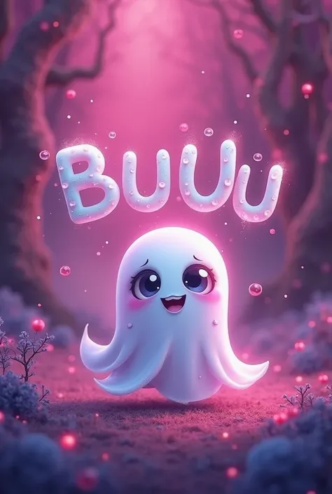 An image of a little ghost with the letters Buuu and in the background the color fuchzia with purple 