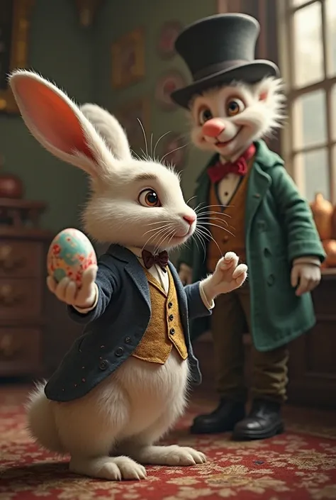 A rabbit dressed as a tailcoat and top hat handing an Easter egg to Scrooge's uncle 