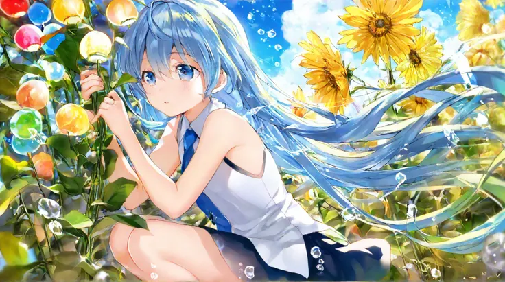 , flowing hair with handprints,beautiful sky from the light source,  beautiful clouds, summer， Colorful Flowers, (Transparent bubbles sparkle in the sky), masterpiece,High Resolution,Wide Angle Lens、1 girl crouching, Hatsune Miku, Vocaloid, blue eyes,  Lan...