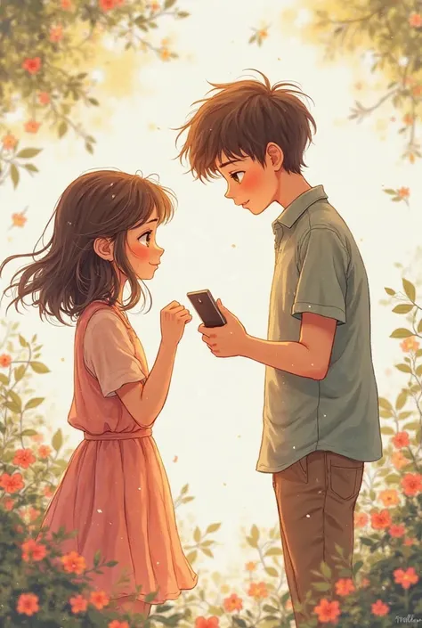 Do with a sketch template, To a girl and a boy, the girl is looking aside embarrassed because she doesn't want to admit her feelings and the boy shows her the phone