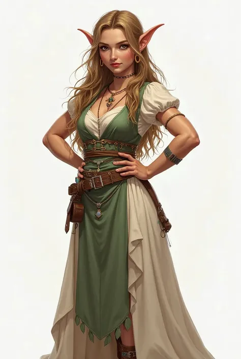 Create a detailed illustration of a female elf, clothes standing in a confident pose with her hands on her hips and showing off her entire figure from the front, , focusing on the subtle nuances of her facial expression and the texture of.