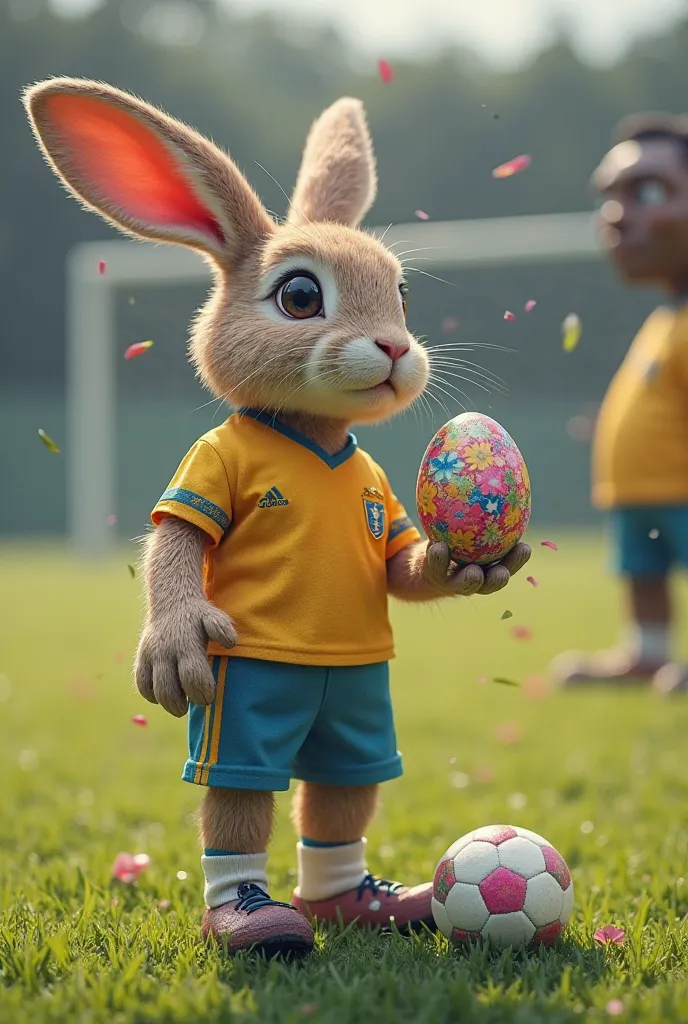 A rabbit dressed as a soccer player delivering an Easter egg to Pelé 