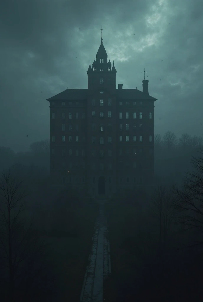 A foggy, eerie aerial view of the abandoned Waverly Hills Sanatorium, its dark silhouette looming against a stormy night sky. The building's many windows appear hollow and lifeless, as if something is watching from within. The image should evoke an immedia...