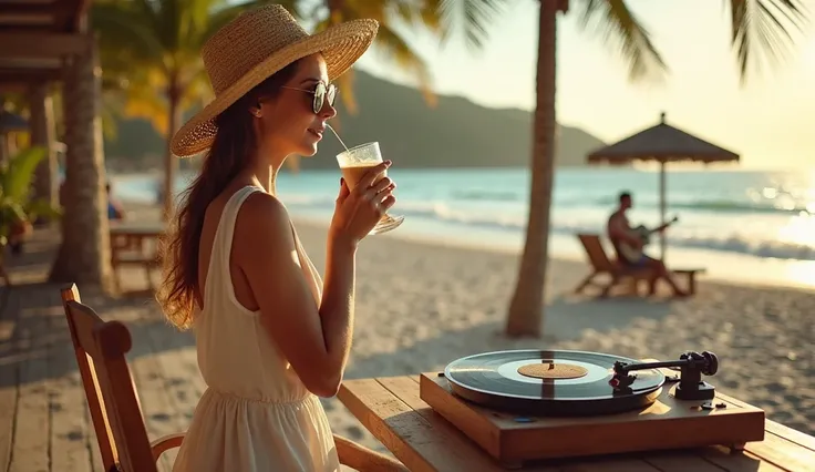 Golden hour at a beachfront café, bathed in warm sunlight with a soft ocean breeze. The wooden deck extends toward the turquoise sea, where gentle waves kiss the shore. A vintage Leica M11 camera captures the scene with a Summilux-M 50mm f/1.4 lens, focusi...