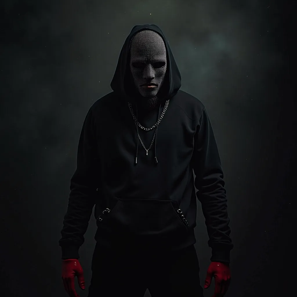 " A mysterious man , Dressed entirely in Black, wears a black diamond-studded mask with a sad and melancholic expression. He wears hip-hop-style clothing, with oversized pieces and an imposing presence. His hands are covered with vibrant red gloves. His sk...