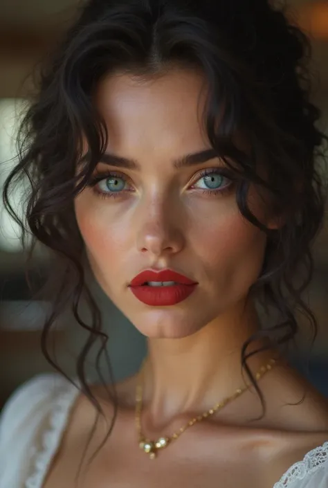 Portrait of a very beautiful hyperrealistic woman with big blue eyes, soft, shiny and almost pale white skin with big and provocative red lips., curly black hair, The portrait that is from the front and as close as possible to the camera, set a luxurious b...