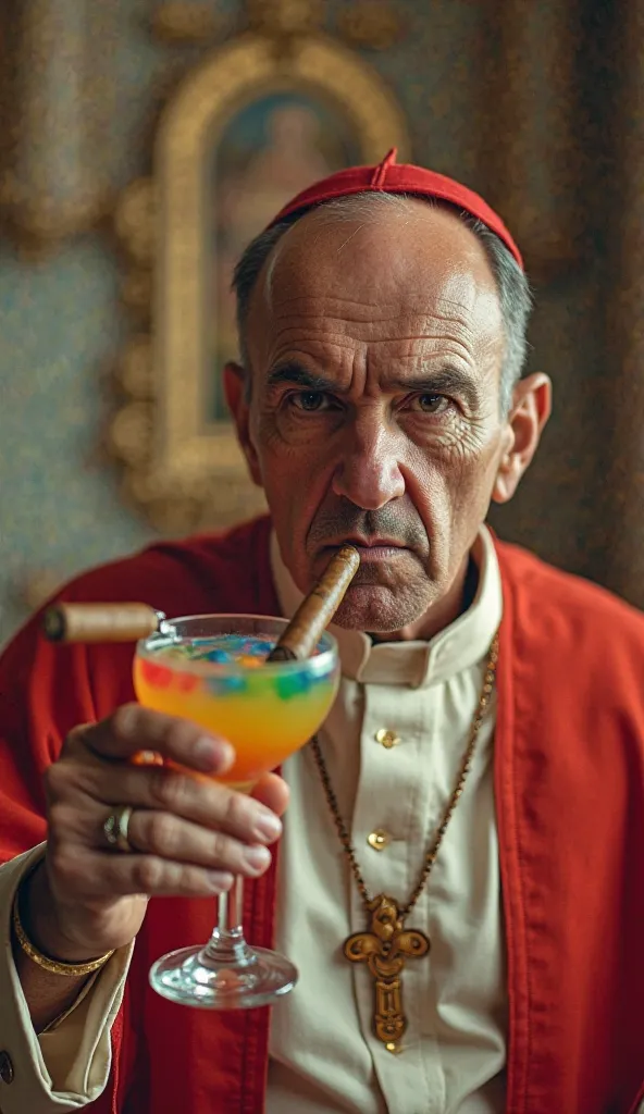 Street photograph, documentary portrait of an angry Vatican clergyman holding a colorful cocktail and smoking a cohibas with a defiant look behind an altar, from the 70s in color, Split Diopter.