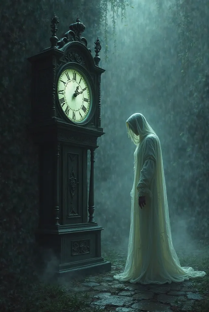 Clock striking midnight, gloomy weather, The ghost on the side looking at the time.