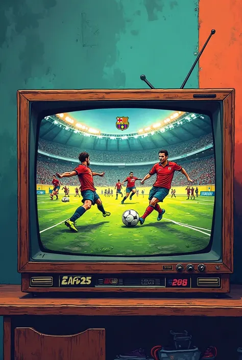 An old television and an old video game. On the television screen I want a soccer field with the logo "eafc25" comic book art 