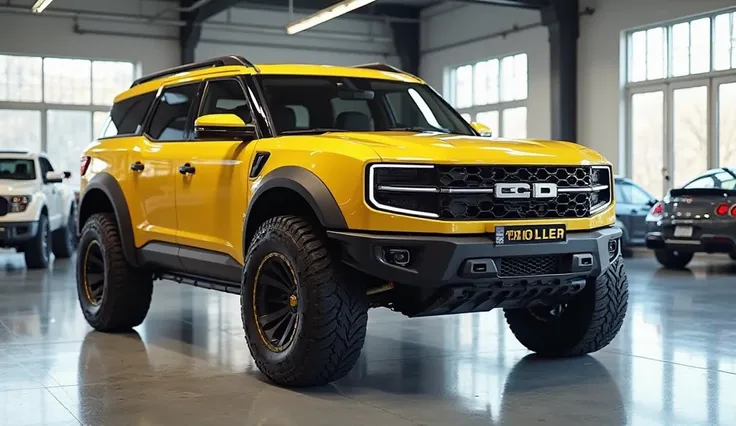 "A realistic, high-quality image of a modern off-road SUV seen from the front left-right side view, resembling a Ford Troller. The vehicle is painted in a bright yellow color with glossy paint and a rugged, aggressive design. It has high ground clearance, ...