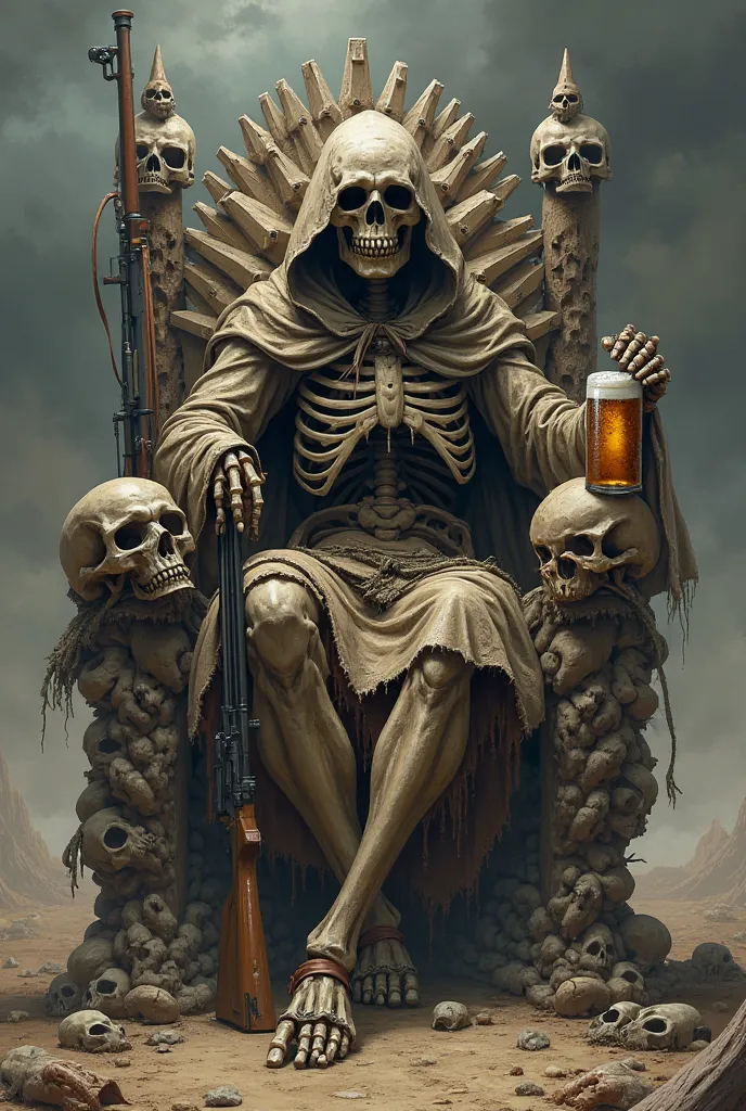 skeleton holding a beer and a rifle sitting on a throne of skulls eye angle