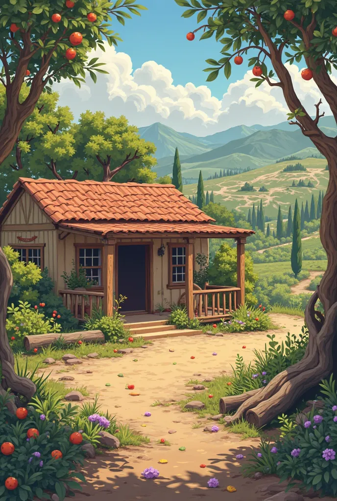 An image of a simple house that has a patio with an orchard and trees and a simple house that has a patio with dry forest and some green areas and with dry trees and some logs thrown away